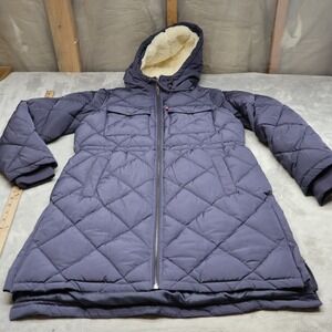 Levis Jacket Women Small Blue Hooded Sherpa Lined Long Coat Winter Quilted Parka